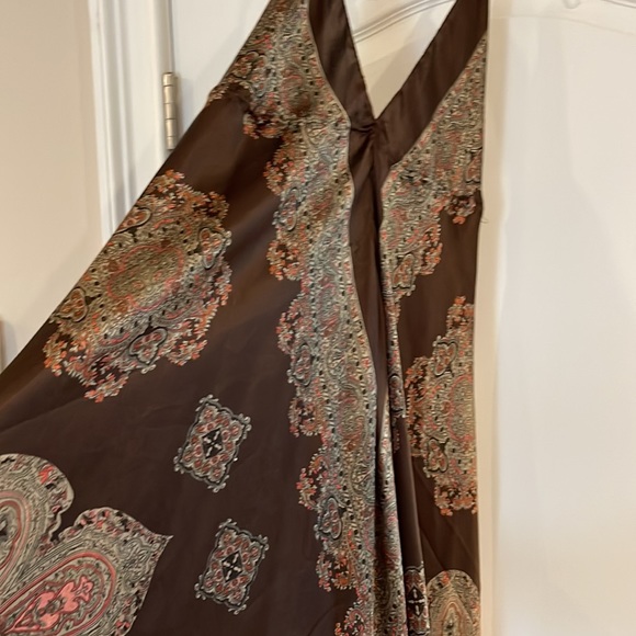 Satin handkerchief dress.  Brown with paisley print.  Never worn - Picture 3 of 6